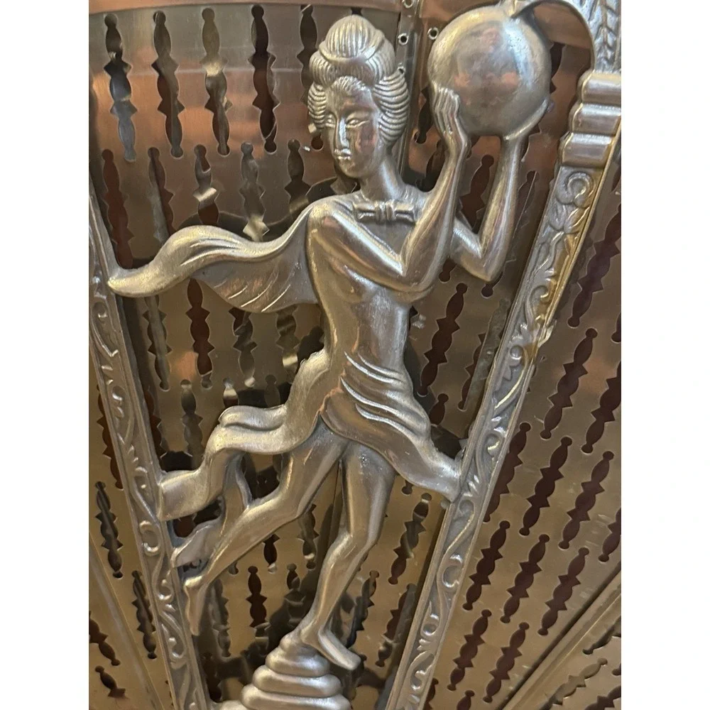 Vintage Art Deco Brass Peacock Fan Fireplace Screen Figural Filigree Goddess